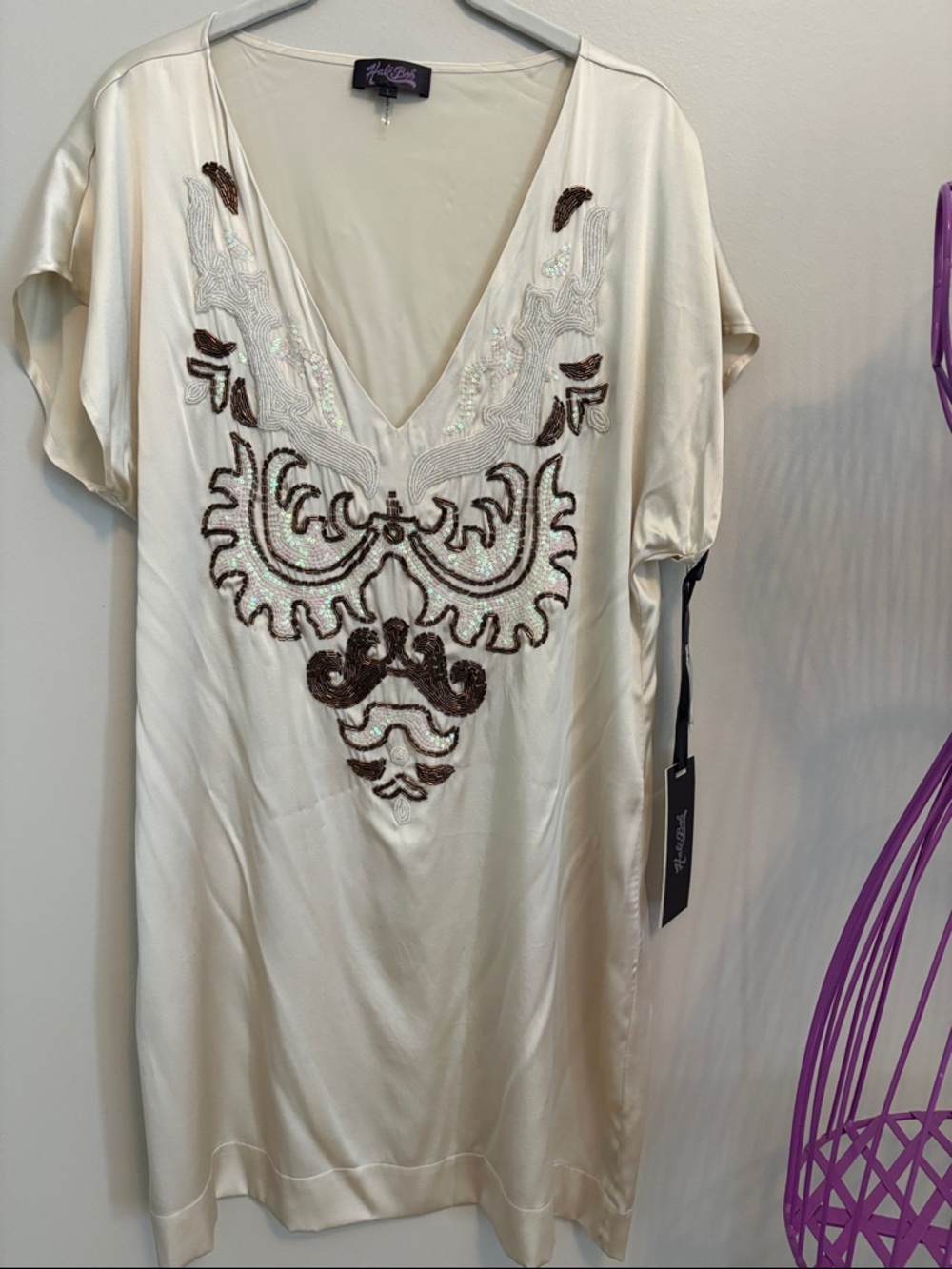 Hale Bob Ivory Silk Dress with Brown and White Bead Embellishment